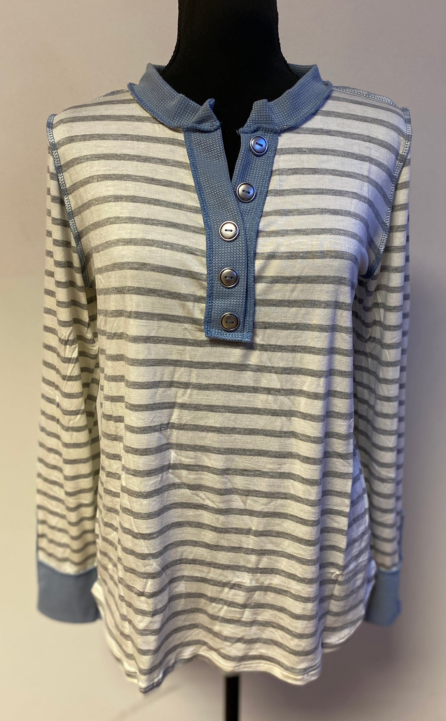 Stripe Thermal Button Detail in Denim Blue