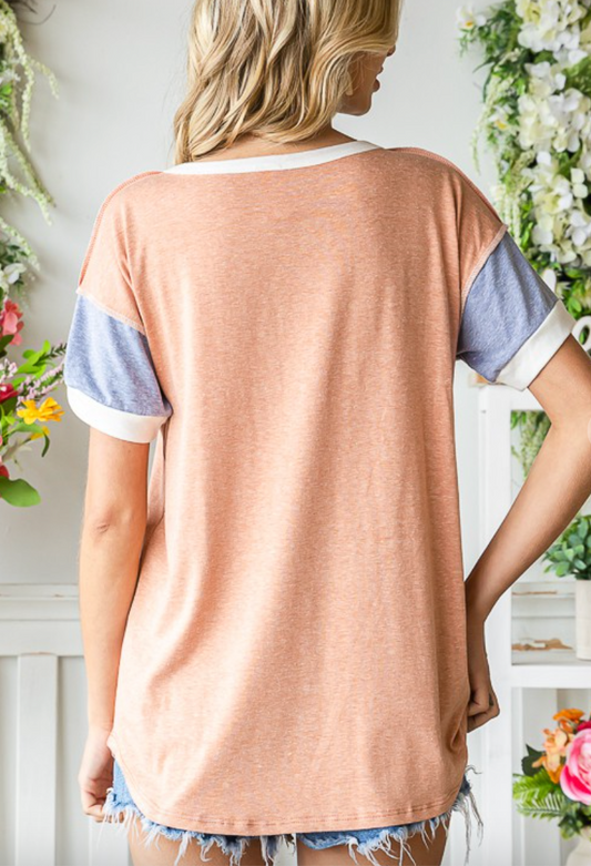 Color Block Button Front Top in Vintage Clay