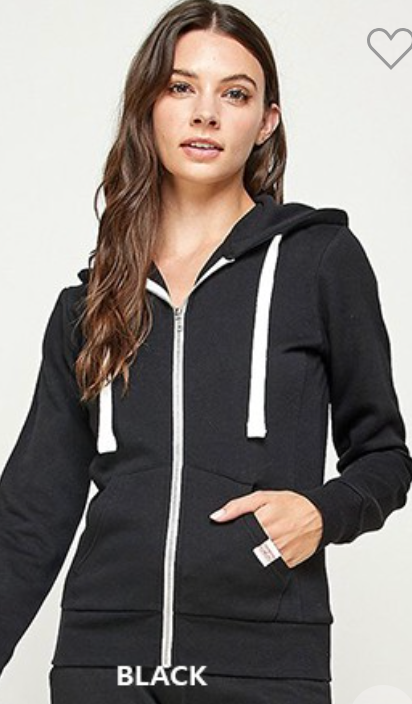Solid Brushed Fleece Zip-Up Hoodie Jacket With Pockets in Black