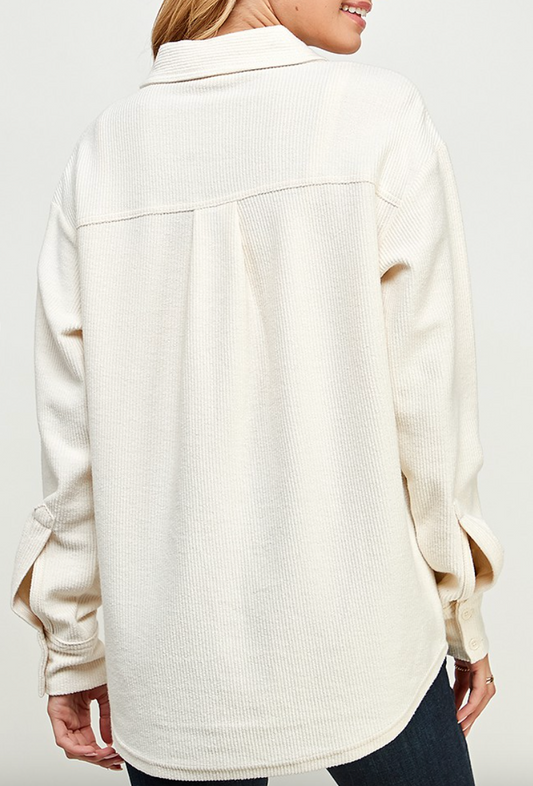 CORD FABRIC DOLPHIN-HEM SHACKET WITH CHEST FLAP POCKETS in Ivory