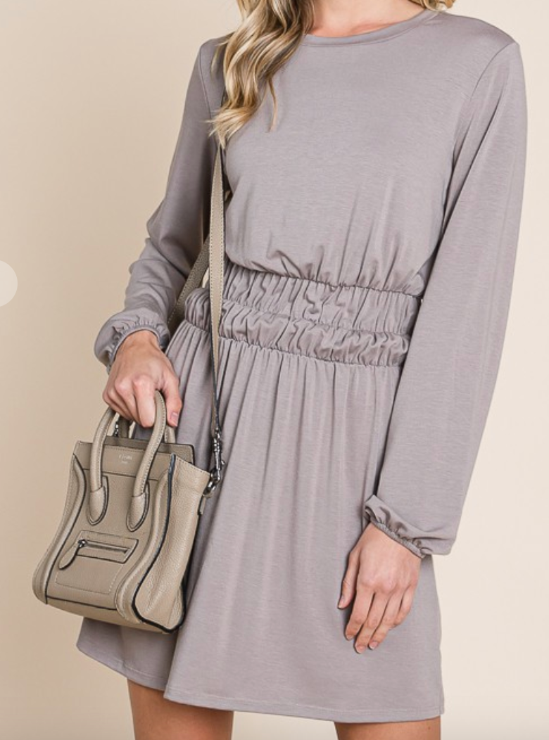 Long Sleeve Dress with Elastic Waist Detail in Taupe