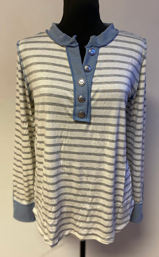 Stripe Thermal Button Detail in Denim Blue