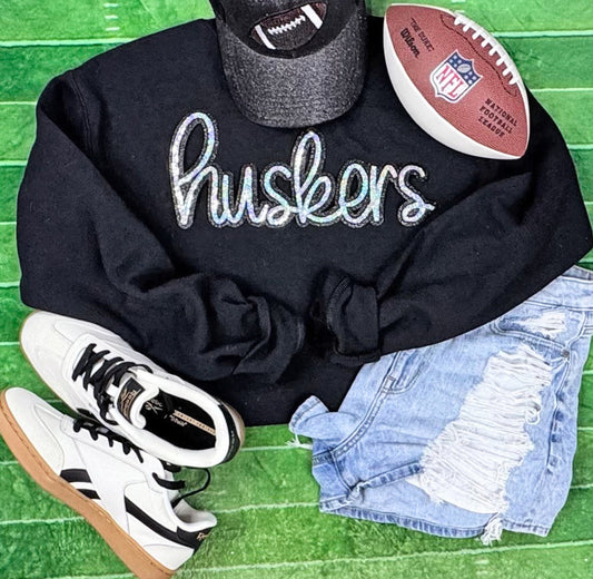 Black Huskers Sequin Patch Crewneck