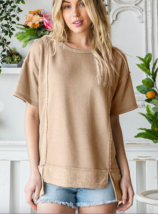 Solid Short Sleeve Relaxed Fit Top in Taupe