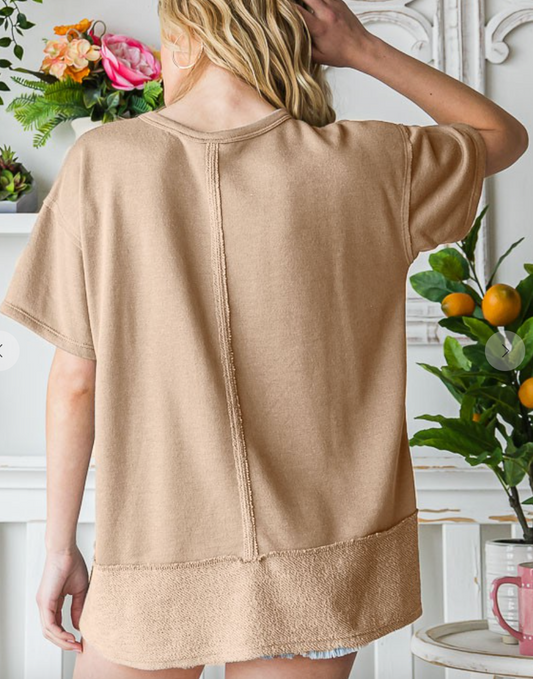 Solid Short Sleeve Relaxed Fit Top in Taupe