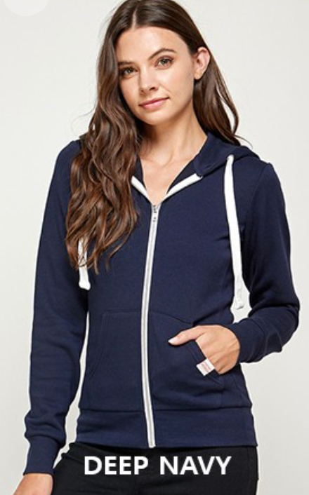 Solid Brushed Fleece Zip-Up Hoodie Jacket With Pockets in Deep Navy