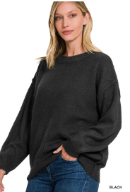 Melange Front Seam Round-Neck Sweater in Black