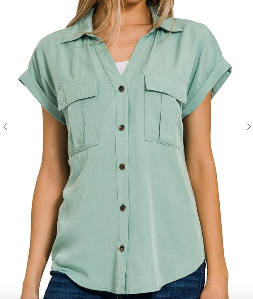 V-Neck Collared Top with Front Flap Pockets in Dusty Turquoise